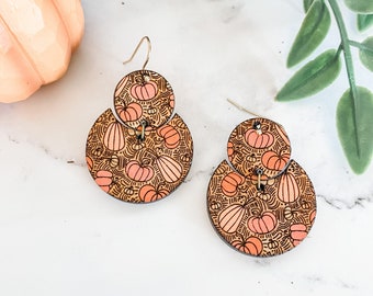 Fall Pumpkin Eco-Friendly Wood Earrings, Halloween Earrings, Pumpkin Dangles