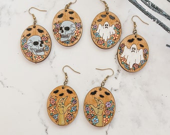 Victorian Floral Halloween Earrings, Ghost Earrings, Floral Skull Dangles, Creepy Hand Drop Earrings