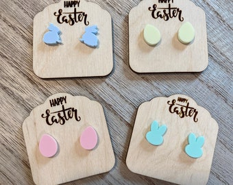 Pastel Petit Bunny Studs, Baby Pink, Blue Rabbits, Soft Yellow Easter Egg Earrings