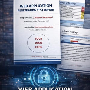 Könnte beinhalten: Eine Vorlage für einen Webanwendungs-Penetrationstestbericht in Blau und Weiß. Der Bericht enthält Abschnitte für Ergebnisse, SQL-Injection und einen Platzhalter für das Logo. Das Dokument ist mit "Vertraulich" gekennzeichnet.