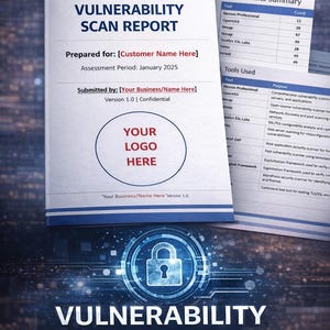 May include: A vulnerability scan report template with a blue and white design. The report includes sections for customer name, assessment period, and business name. The image also shows a summary of scan results and tools used.