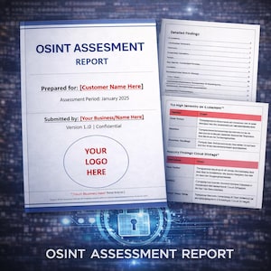 Może przedstawiać: Raport zatytułowany "OSINT Assessment Report" z niebieską obwódką. Raport zawiera sekcje na imiona klientów i firm, okres oceny oraz miejsce na logo. Dodatkowe strony szczegółowo opisują wyniki i informacje o przechowywaniu w chmurze.