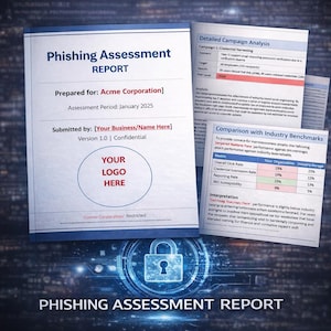 Könnte beinhalten: Ein Bericht mit dem Titel "Phishing Assessment Report" mit dem Logo der Acme Corporation und einer vertraulichen Versionsnummer. Der Bericht enthält detaillierte Kampagnenanalysen und Branchenbenchmarks, mit einem Schlosssymbol unten.