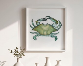 Coastal Crab Watercolor Print | Beachy Square Wall Art | Hand Painted Ocean Illustration | Digital Download