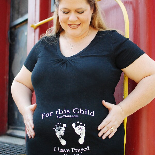 Christian "Prayed for" Maternity Shirt with Baby Feet Design (Black Cinched Yoke V-Neck)