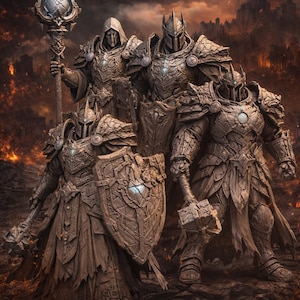 May include: Digital artwork featuring four armored figures, possibly warriors or knights, with weapons and shields. The figures are set against a fiery, apocalyptic background. Text at the top reads "SENTINEL EMPIRE FALLEN REALMS" and at the bottom "SENTINEL WARDENS BOSS SET".