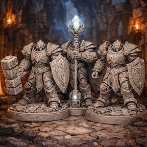 May include: A set of Sentinel Construct figurines from the Fallen Realms series. The figures are in a stone-like finish, with intricate armor and weaponry. The central figure holds a staff with a glowing orb. The text "Sentinel Empire - Fallen Realms" and "Sentinel Constructs Set" are visible.