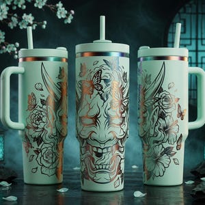 Oni Mask Laser Engraving Tumbler Wrap PNG, 40oz Japanese Demon Engraved Design, Hannya Samurai Tattoo Laser File