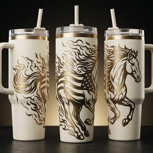 May include: Three cream-colored insulated tumblers with gold horse designs. One features a horse with an American flag, another a running horse, and the third a horse's mane. Each has a handle, a straw, and a gold rim.