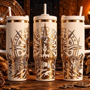 Puede incluir: Tres vasos blancos con asas y pajitas, cada uno con un gráfico de color dorado de un perro salchicha sobre un paisaje rocoso. El diseño incluye un emblema tipo brújula con símbolos rúnicos y un escudo sobre un acabado blanco mate.