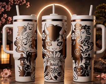 Kawaii Oni Girl Laser Engraving Wrap SVG PNG JPG | Anime Demon Bubble Tea Tumbler Design | Japanese Cup Wrap File