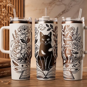 Black Cat Book SVG, Cat Lover Laser Engraving File, Reading Cat PNG, Floral Book Lover Design, Cricut Glowforge SVG