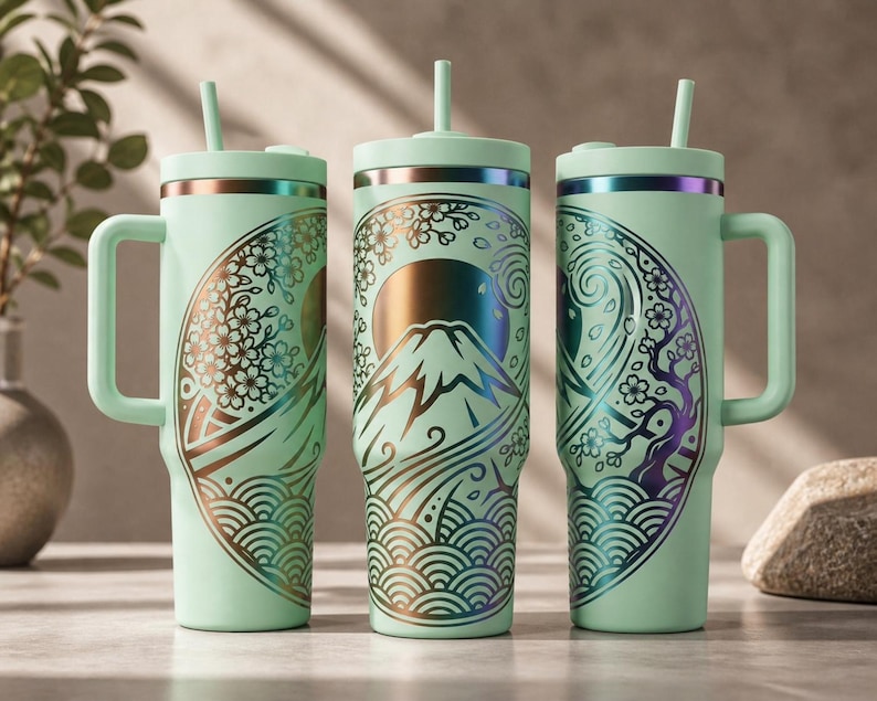 May include: Three mint-green insulated tumblers with handles and straws. Each tumbler features a Japanese-inspired design with Mount Fuji, cherry blossoms, and waves in gold and iridescent accents. The tumblers are designed for cold beverages.