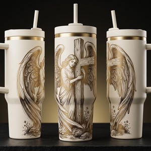Puede incluir: Vaso térmico blanco roto con diseño de alas de ángel doradas y asa. El vaso central presenta un ángel abrazando una cruz de madera. Los vasos tienen tapa y pajita blancas y una banda dorada.