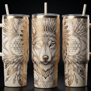Tribal Wolf SVG | Native American Engraving Design for 40oz Tumbler | Sacred Geometry Animal Laser File PNG JPG | Spiritual Wolf Art