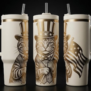 Patriotic Cat Tumbler Wrap 40oz Laser Engraving | Uncle Sam Cat American Flag Design | 4th of July Engraving File SVG PNG