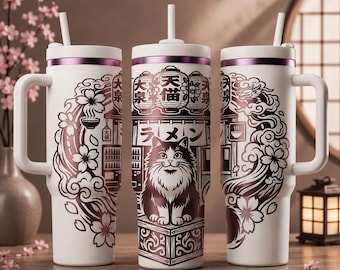 Japanese Cat Laser Engraving SVG PNG JPG, Ramen Cat Tumbler Wrap, 40oz Stanley Engraving File, Sakura Dragon