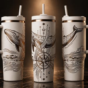 Puede incluir: Tres vasos blancos con asas y pajitas, con una ilustración de ballena en oro metálico, una rosa de los vientos y símbolos celestiales. El diseño incluye olas estilizadas y peces pequeños, con un acabado mate en los cuerpos cilíndricos.