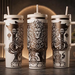 Puede incluir: Tres vasos de color blanco roto con asas y pajitas, con un estampado gráfico en marrón oscuro de un león estilizado con melena fluida y armadura tradicional. El diseño incluye una puerta torii, una máscara y un farol sobre fondo neutro.