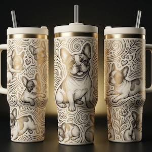 Puede incluir: Tres vasos de color crema con asas y pajitas, con un patrón grabado en oro y negro de bulldogs franceses, líneas onduladas, corazones y motivos florales. Cada vaso tiene un borde dorado y una tapa a juego de color crema.