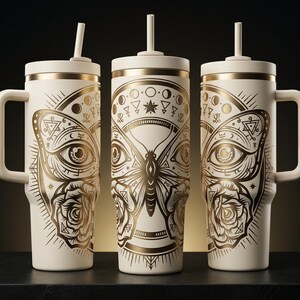 Puede incluir: Tres vasos aislados de color crema con diseños dorados de mariposas y celestiales. Cada vaso tiene un asa, una tapa y una pajita. El diseño de la mariposa incluye ojos, una rosa y formas geométricas.