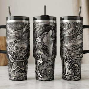 Cosmic Husky Tumbler Wrap | Van Gogh Inspired Dog Engraving Design | Black & White Laser File | Mystical Night Sky Wolf Art | 40oz Wrap PNG