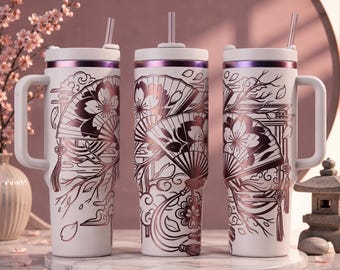 Japanese Tumbler Wrap SVG PNG JPG, Sakura Fan Engraving Design, 40oz Stanley Wrap, Cherry Blossom Sublimation File