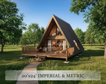 Modern A-Frame Cabin Plans with Loft | 20x24 Tiny House PDF | Imperial + Metric | 2 Foundation Options