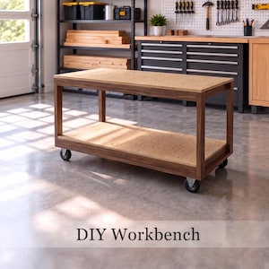 May include: A rectangular workbench with a dark brown wooden frame and a light tan pegboard top and lower shelf. The unit features four black swivel casters for mobility. The text DIY Workbench is displayed at the bottom of the image.