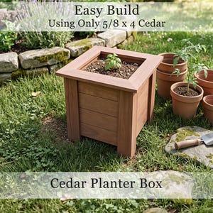 May include: A wooden cedar planter box with a square design, containing soil and a small plant. The box is surrounded by grass, with several terracotta pots and a trowel nearby. Text on the image reads "Easy Build" and "Cedar Planter Box."