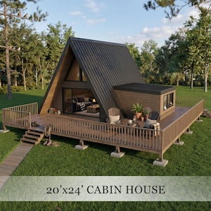 Cabineplattegronden met A-frame en zolder | 20 x 24 moderne blauwdruk voor een klein huis | Direct downloaden