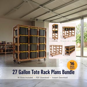 27 Gallon Tote Storage Rack Plans Bundle PDF | 16 Mobile Rack Sizes | DIY Garage Tote Organizer | Instant Download