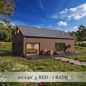 Può includere: Una casa rettangolare marrone con tetto in metallo scuro, dotata di porte scorrevoli in vetro, una terrazza in legno e il testo 20'x40' 3 BED - 1 BATH. La struttura presenta un rivestimento verticale, diverse finestre e un lucernario.