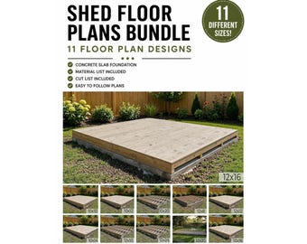 Shed Floor Plans Bundle | 11 Size Options, Concrete Slab Foundation Plans | Tiny House Foundation Plans | Material List | PDF Download