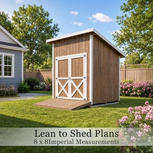 May include: A wooden lean-to shed with a single-slope roof, white trim, and double doors featuring a white X-brace design. A wooden ramp leads to the entrance. The text Lean to Shed Plans 8 x 8 Imperial Measurements is visible at the bottom.