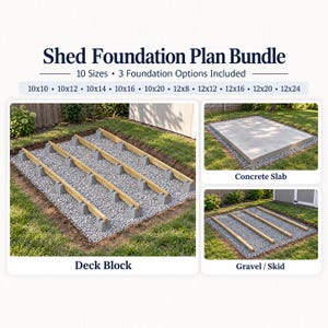 May include: Shed Foundation Plan Bundle featuring 10 sizes and 3 foundation options: deck block, concrete slab, and gravel skid. The image displays wooden beams on gray concrete blocks over gravel, a solid concrete slab, and wooden beams on gravel.