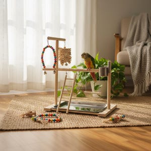 May include: A wooden bird play stand with a ladder, hanging beads, and a woven toy with bells. A colorful parrot perches on the stand. The stand includes a metal tray at the base.