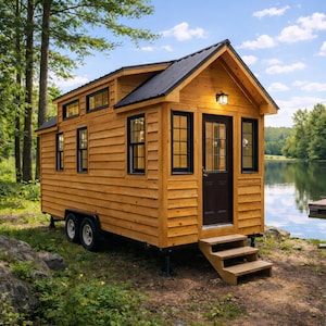 May include: A compact wooden tiny house on wheels, featuring a black roof and black window frames. The house has a brown door and a small set of wooden steps. It is situated near a lake, surrounded by trees.