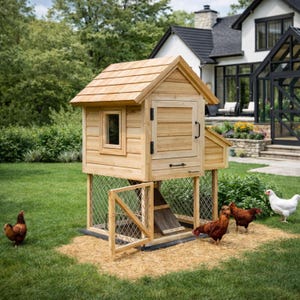May include: A wooden chicken coop with a gabled roof, small window, and door. The coop is elevated on a wire mesh base with a ramp. Several chickens are in the yard, including brown and white hens, on a bed of straw.