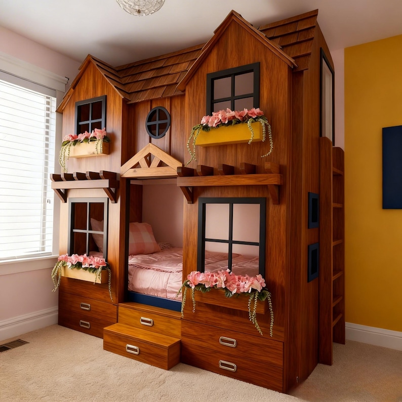 House shaped kids bunk bed plan with ladder blueprint