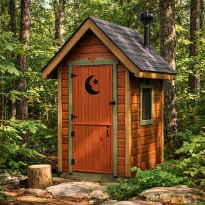 May include: A small, rustic wooden outhouse with a brown exterior and a dark gray shingled roof. The door is orange with a black crescent moon and star design. Green trim accents the door and window frame. A black chimney rises from the roof.