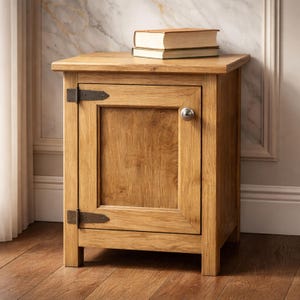 May include: A small, light oak wooden cabinet with a single door and a silver knob. The cabinet has a rectangular shape with a flat top, and two books are stacked on top. The door is secured with dark metal hinges.