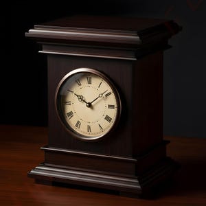 May include: A dark brown wooden mantel clock with a round clock face. The clock face has Roman numerals and black hands. The clock is rectangular with a decorative top and base. The clock is sitting on a wooden surface.