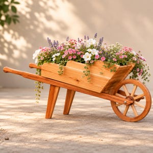 Op de afbeelding: Een houten kruiwagenplantenbak met een natuurlijke lichtbruine houtnerfafwerking, twee lange handvatten en een enkel spaakwiel. De bak is gevuld met een levendig arrangement van witte, roze en paarse bloemen met groen blad.