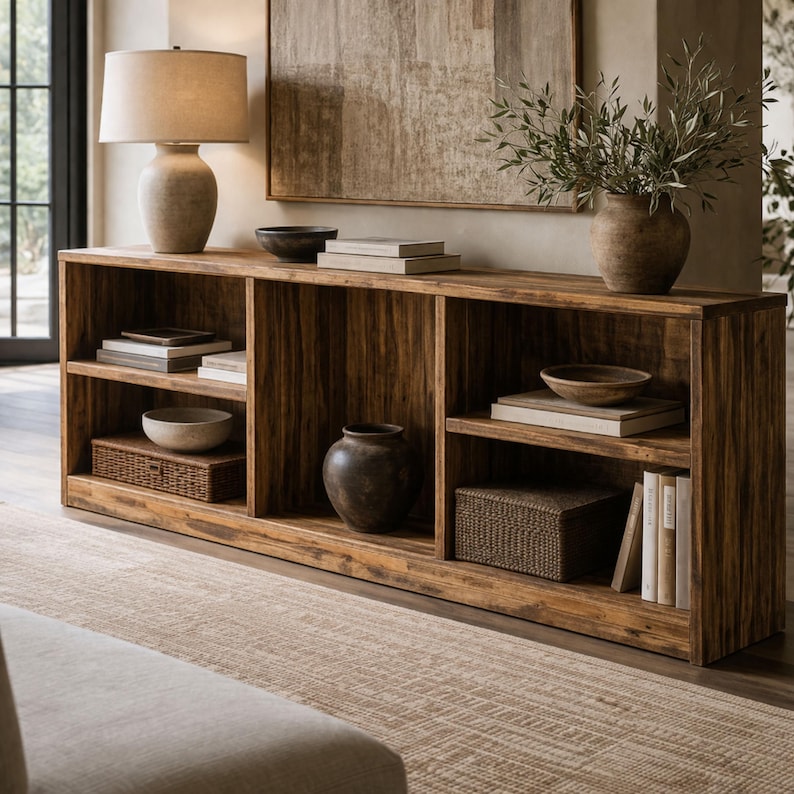 bench with shelf storage plans modern TV cabinet, wooden console table DIY woodworking furniture PDF