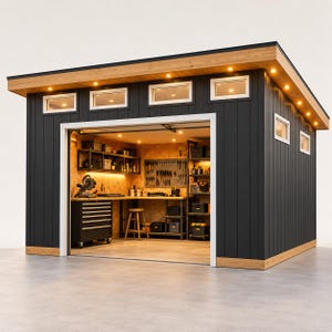 Puede incluir: Un cobertizo moderno independiente con revestimiento vertical oscuro, molduras de madera clara y un techo plano con iluminación empotrada. La parte frontal abierta revela un taller con banco de trabajo, almacenamiento de herramientas y estantes.
