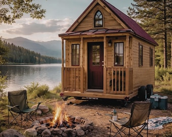 May include: A small, wooden cabin with a burgundy roof sits near a lake. The cabin has a porch and is on wheels. A campfire burns in front of two folding chairs. The scene is set in a forest with mountains in the background.
