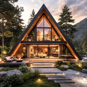 Puede incluir: Una cabaña con estructura en A con una gran fachada de cristal y un balcón, ubicada en un bosque. El exterior presenta revestimiento de madera y un tejado oscuro. El interior es visible a través del cristal, mostrando una sala de estar con muebles. La cabaña está rodeada de vegetación y un sendero de piedra.