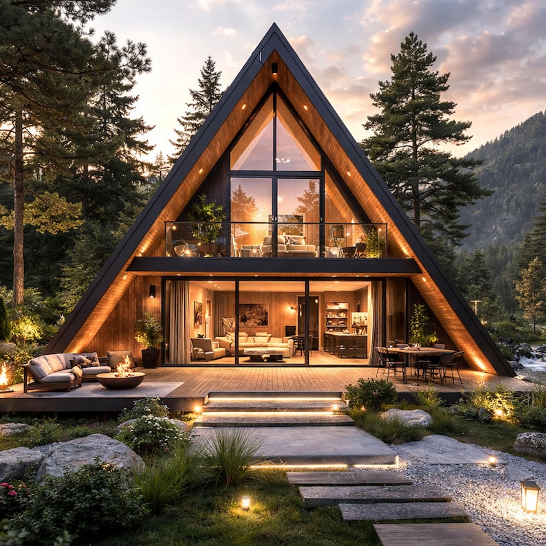 Modern A-frame cabin blueprint PDF showing exterior design and floor plan