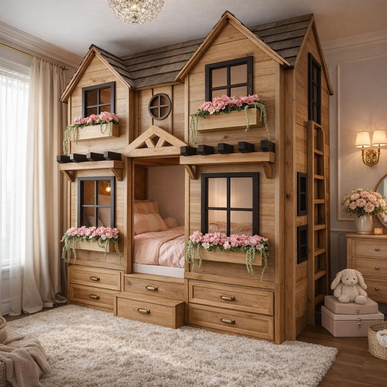 House shaped kids bunk bed plan with ladder blueprint